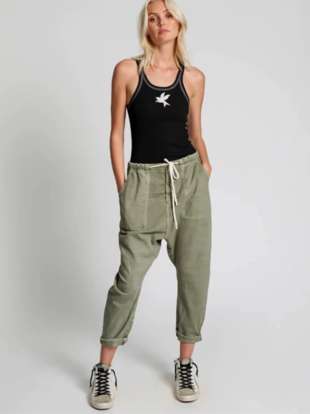 One Teaspoon Olive Green Wide Leg Trousers with Drawstring